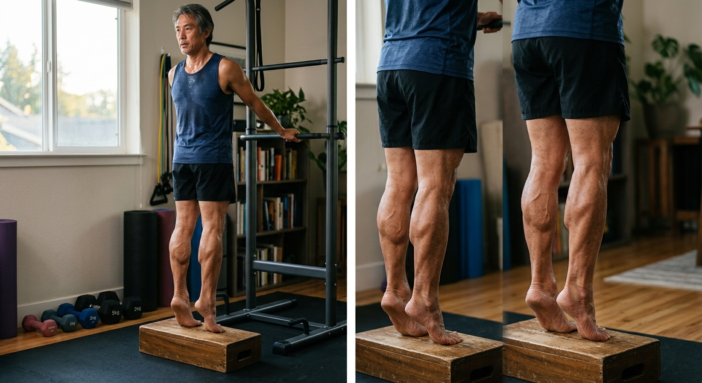 거실에서 발꿈치를 들어 올리며 카프 레이즈를 하는 중년 남성의 모습