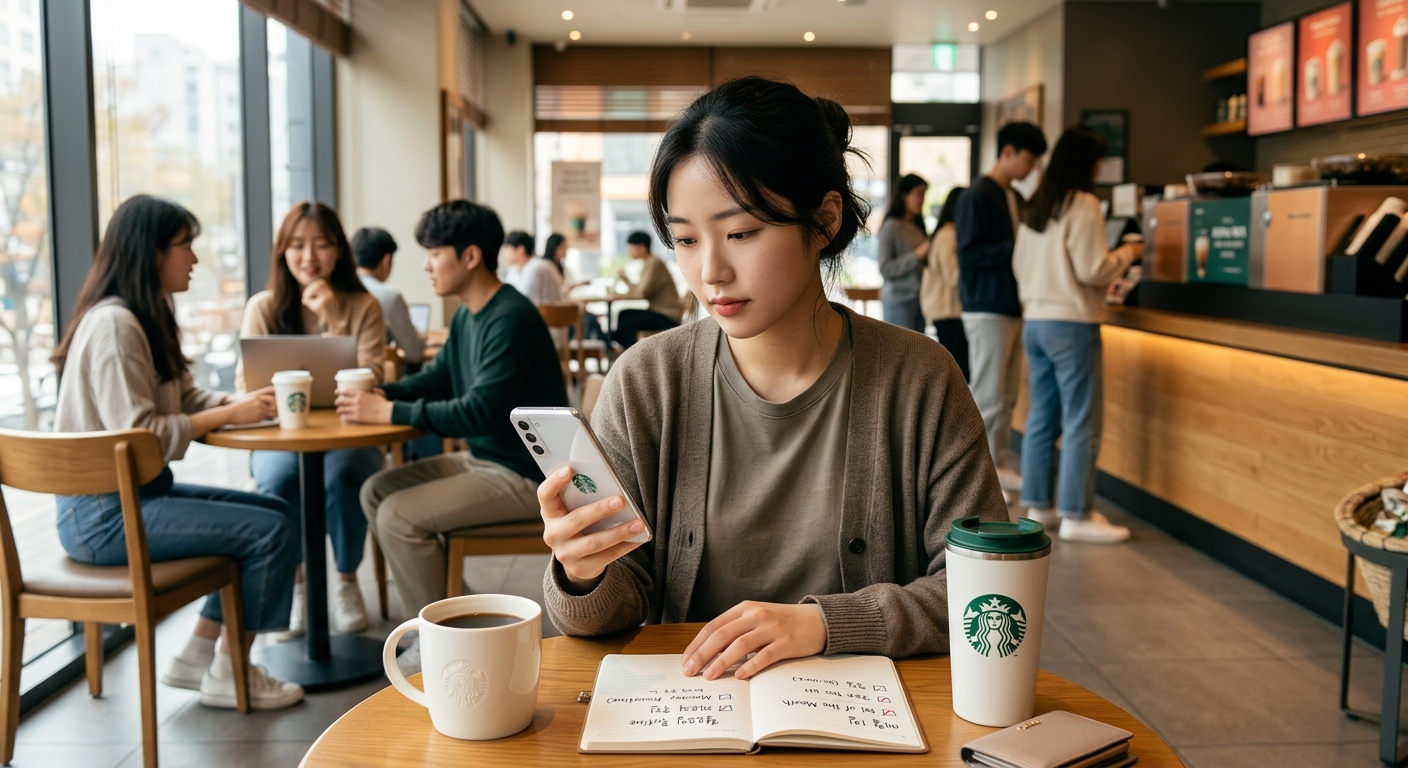 달력과 커피, 베이커리를 함께 두고 할인 날짜를 체크하는 모습