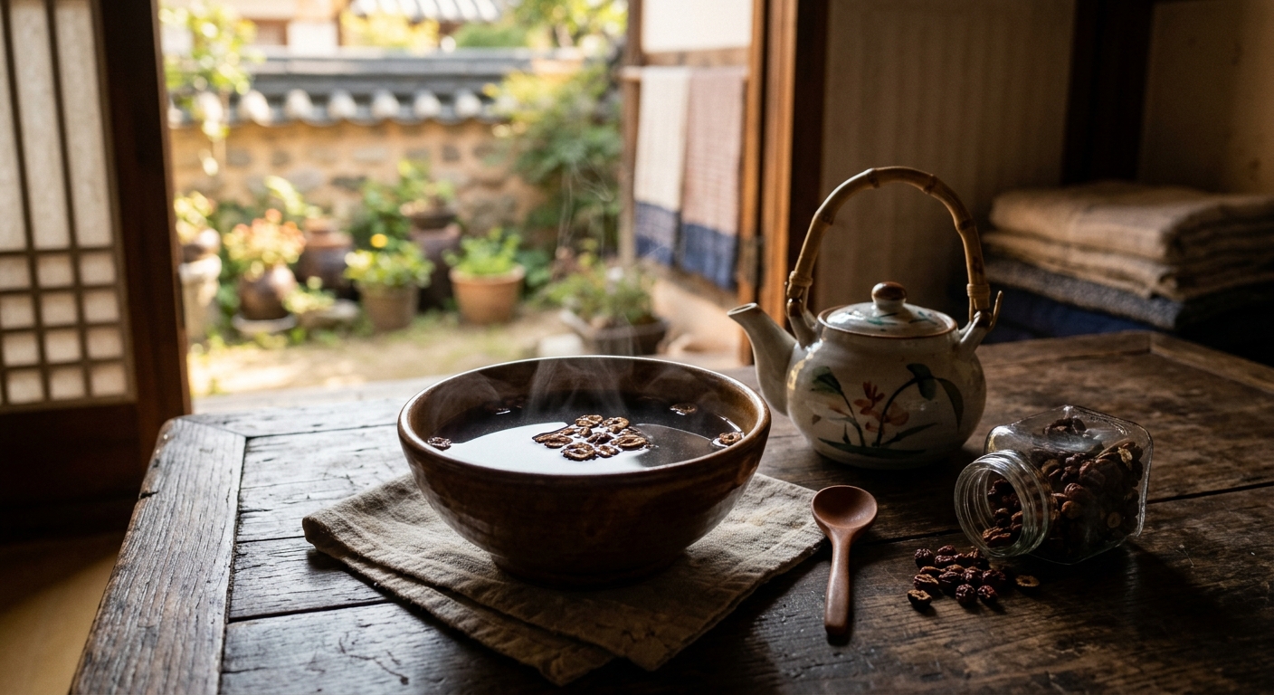 찻잔과 함께 주의 메모가 놓인 건강한 섭취 가이드 이미지