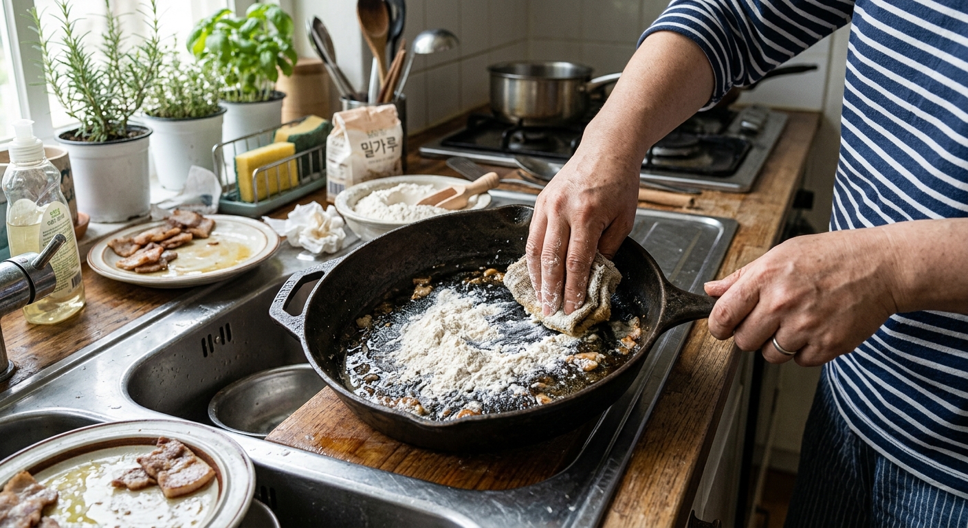설거지 전 팬의 기름기를 제거해 싱크대와 배수구 오염을 줄이는 장면