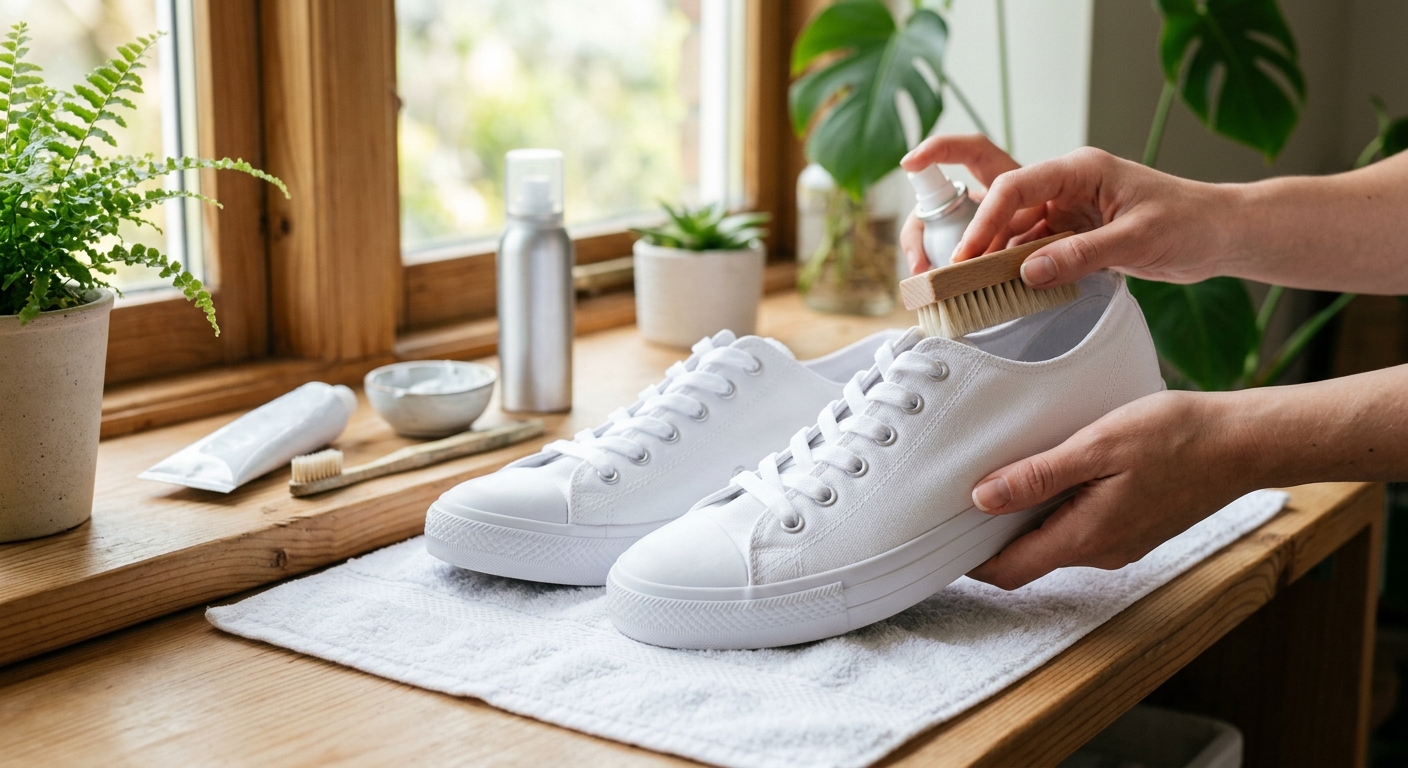 청소 후 통풍이 잘 되는 곳에서 건조 중인 흰 운동화