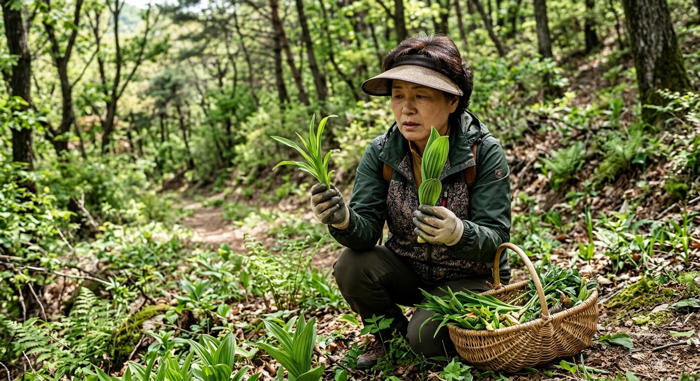 산에서 여러 종류의 나물을 살펴보며 구분하는 장면