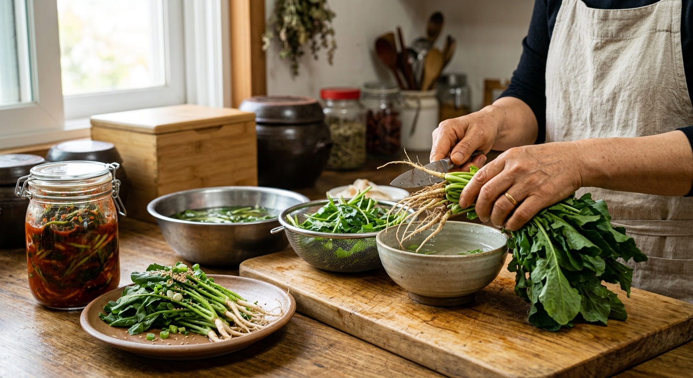 냉장 보관용으로 정리한 고들빼기와 반찬으로 차린 식탁