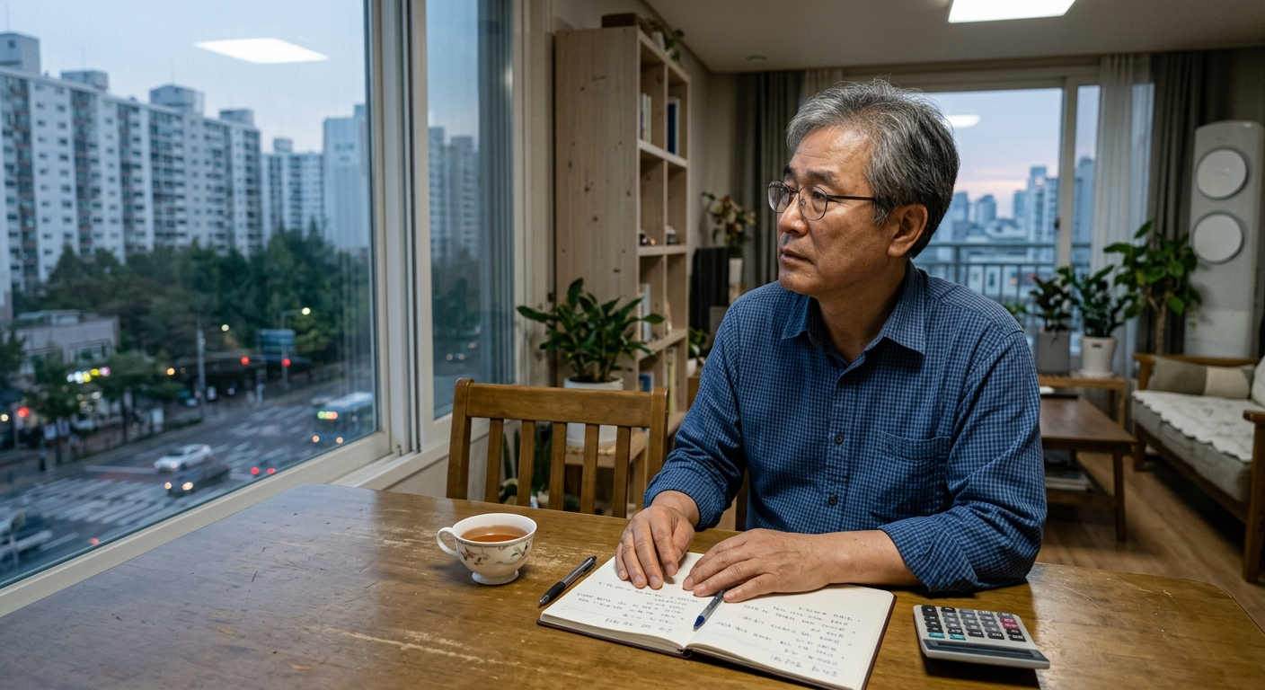 예산표를 작성하며 은퇴 후 3년 계획을 세우는 중장년 부부의 모습