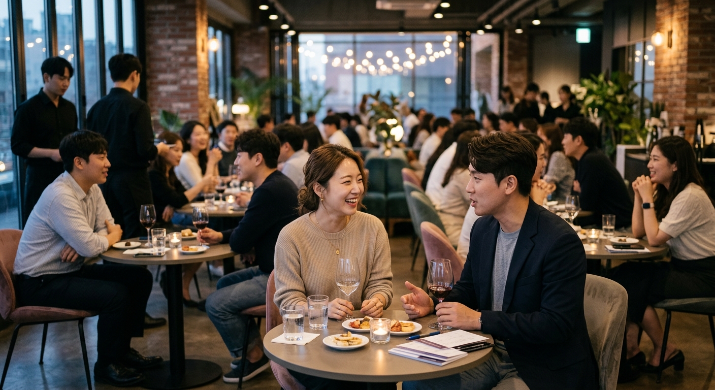 활발하게 대화하는 참가자와 조용히 생각에 잠긴 참가자가 대비되는 소개팅 현장