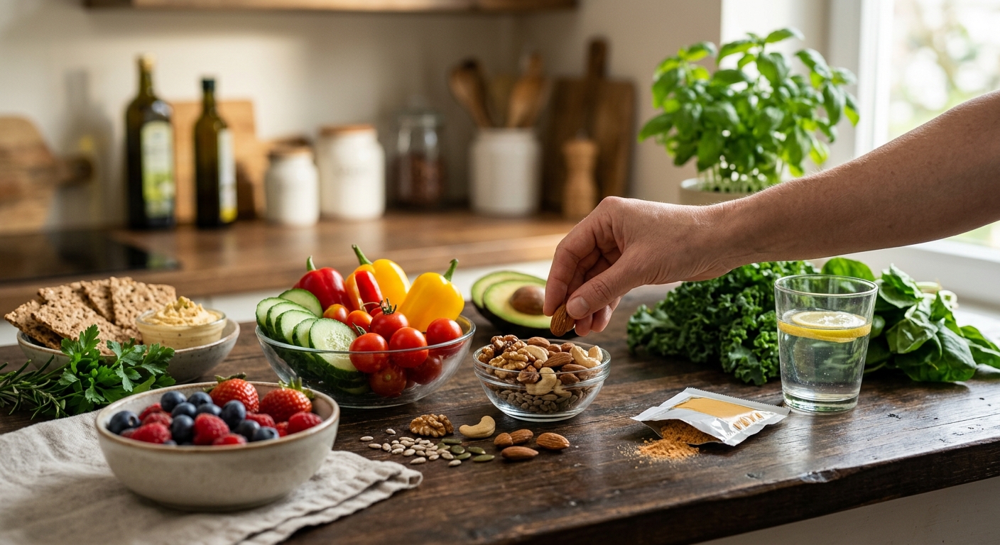 물병과 운동화, 신선한 채소가 함께 놓인 건강한 생활 이미지