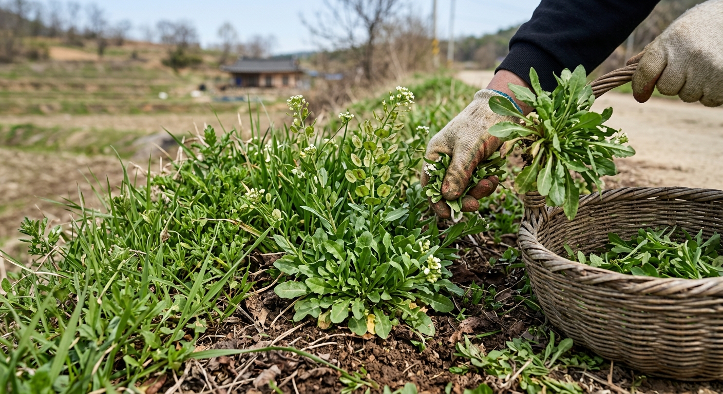 들판에서 야생 식물을 살펴보며 안전하게 채취 여부를 확인하는 장면
