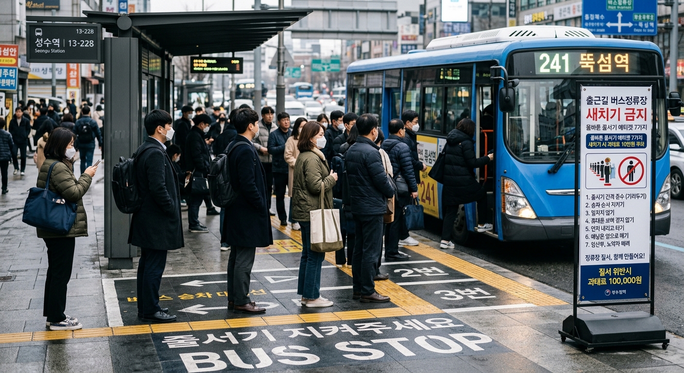 버스정류장에서 주변 사람에게 줄 위치를 물어보는 장면