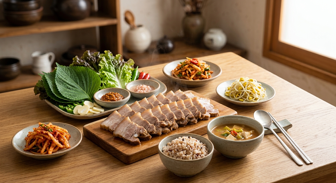 다이어트 식단으로 구성한 보쌈 한 접시와 채소, 소량의 밥