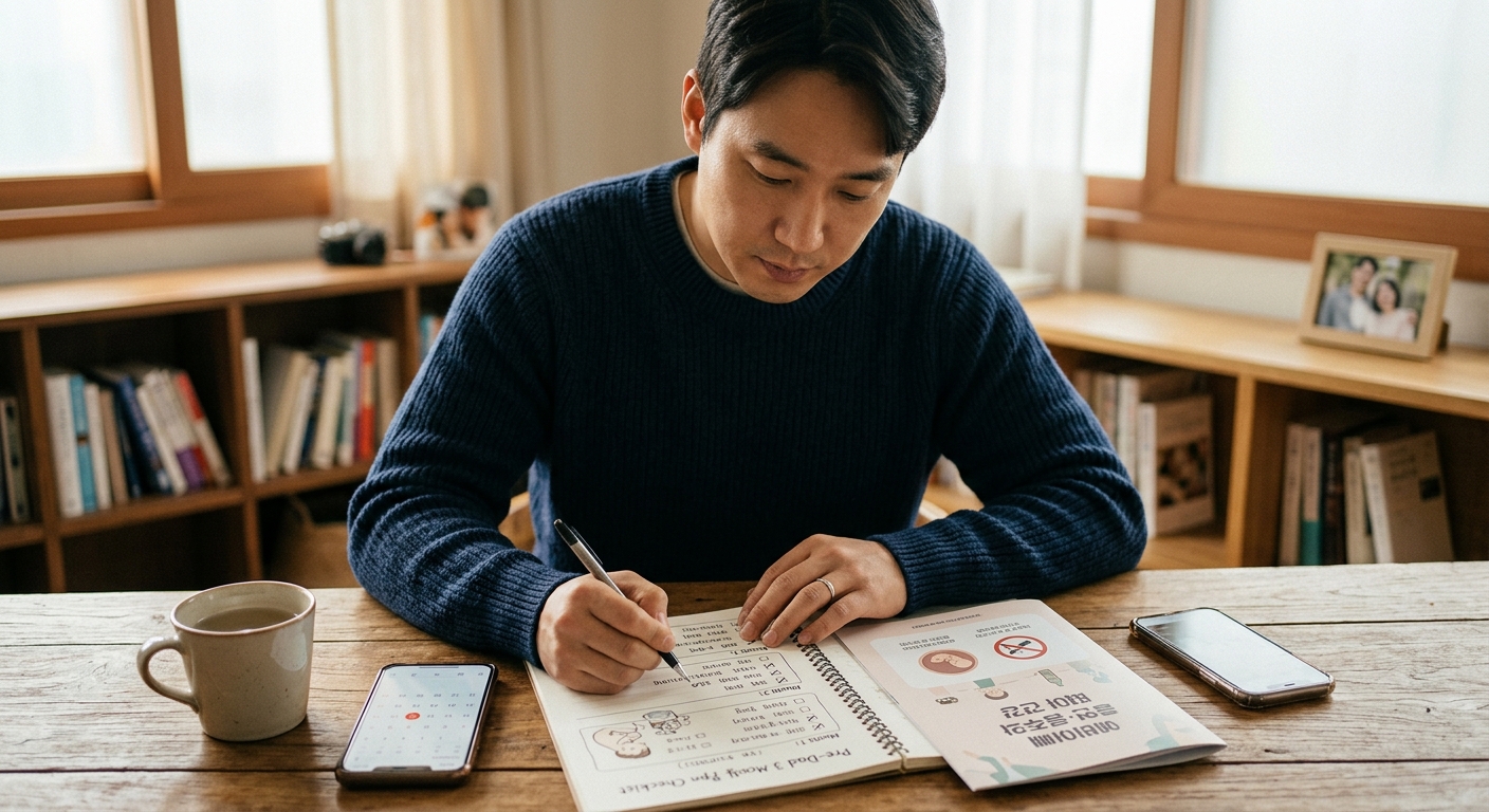 체크리스트를 보며 임신 전 3개월 건강 계획을 세우는 남성