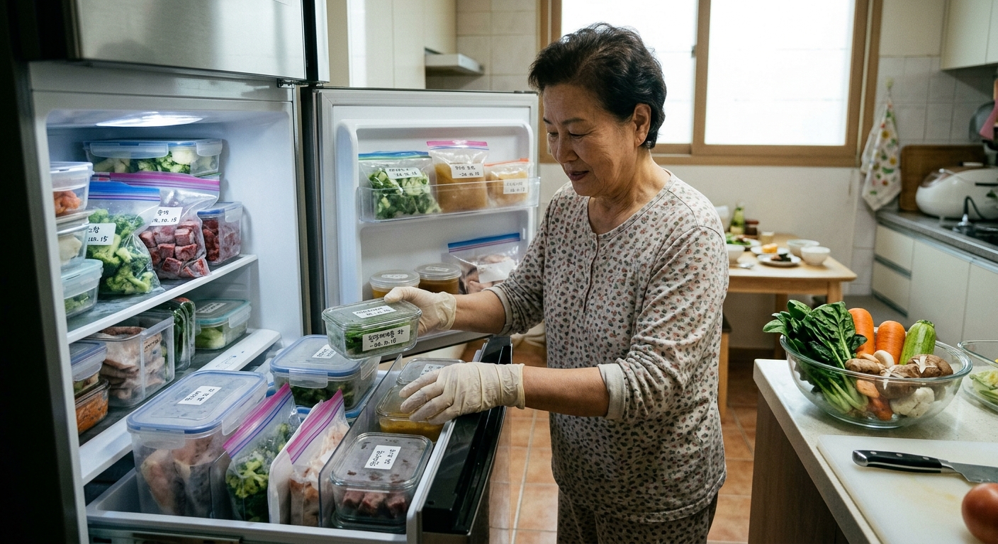 신선한 재료와 건강한 냉동 식재료로 균형 있게 정리된 냉동실