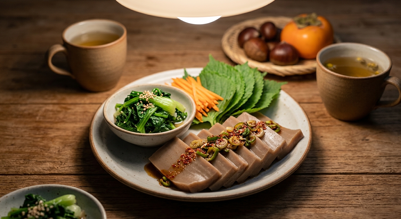 따뜻한 차와 함께 소량의 현미강정을 즐기는 장면