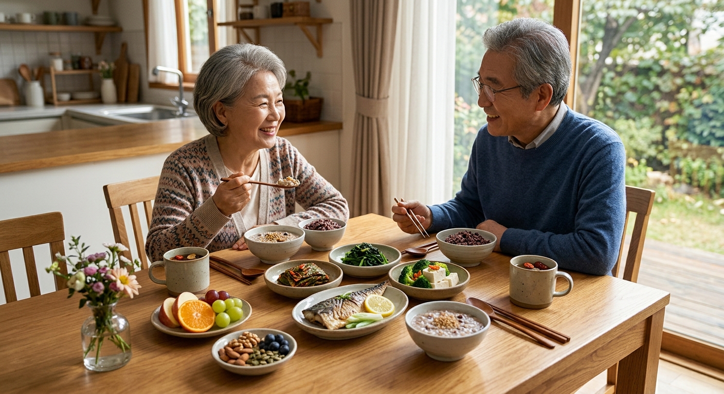 부모님과 함께 건강한 아침 식단을 준비하는 가족의 모습