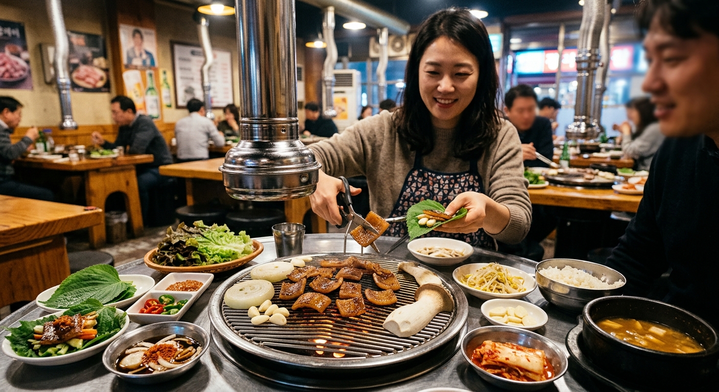 고깃집에서 채소와 살코기를 중심으로 구성한 균형 잡힌 식사