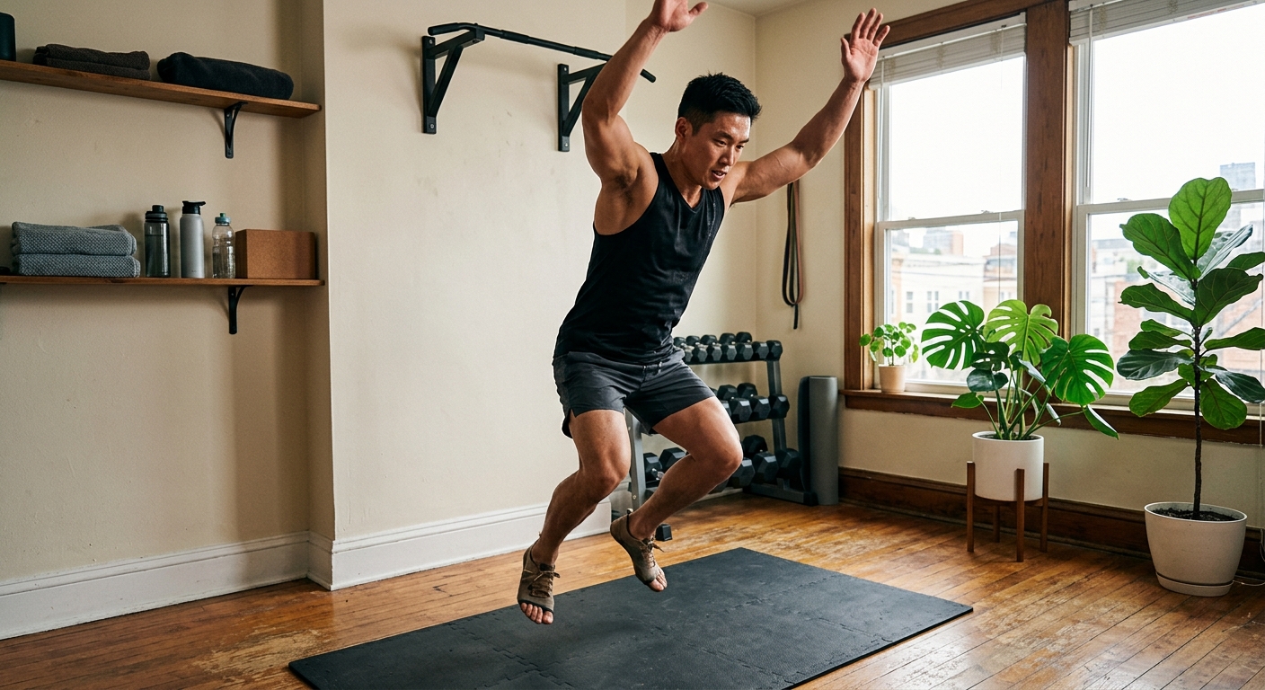 거실 매트 위에서 버피 동작을 수행하며 점프하는 사람