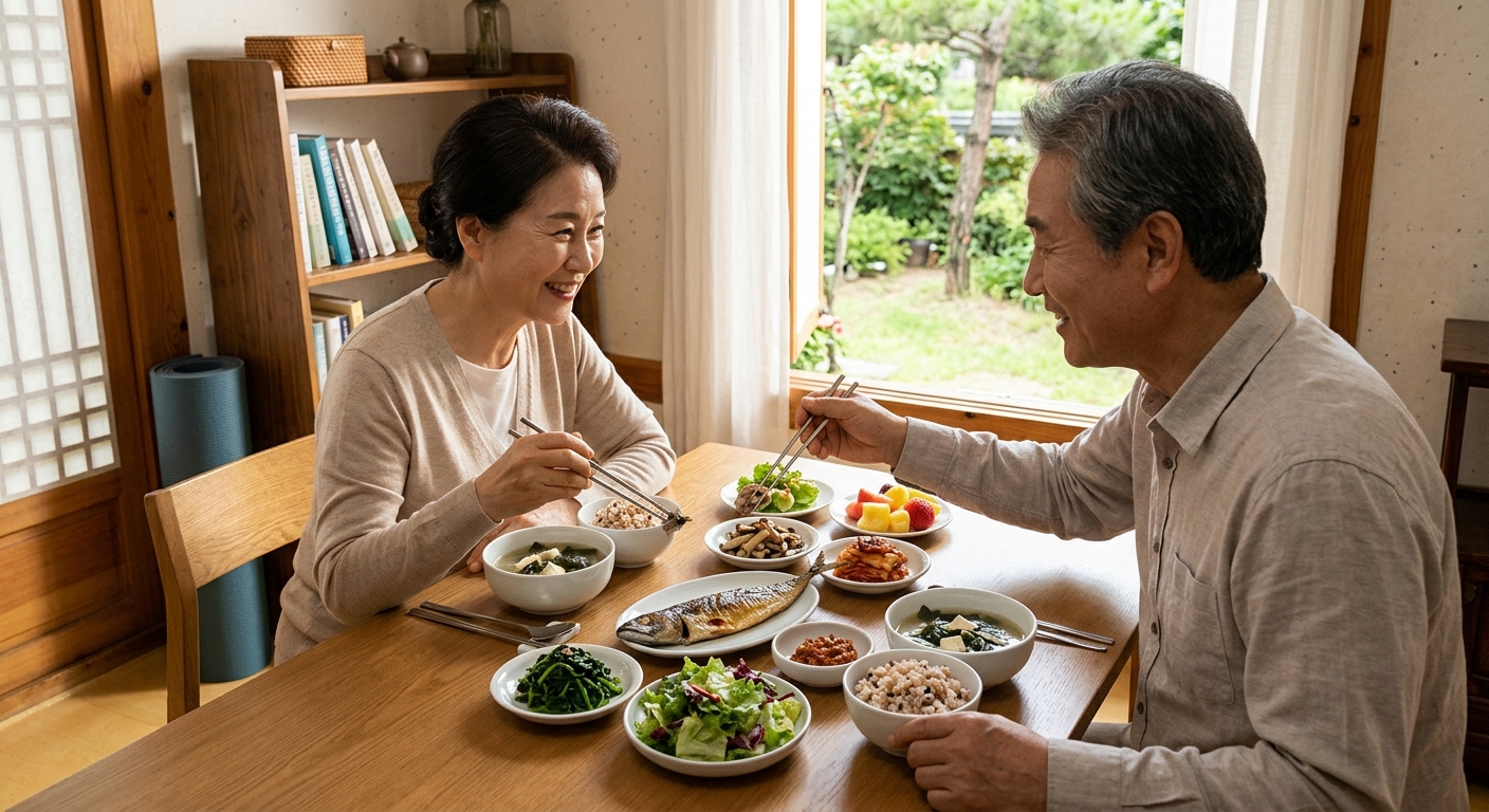 걷기 운동과 충분한 수면, 건강한 식사를 상징하는 생활 습관 이미지