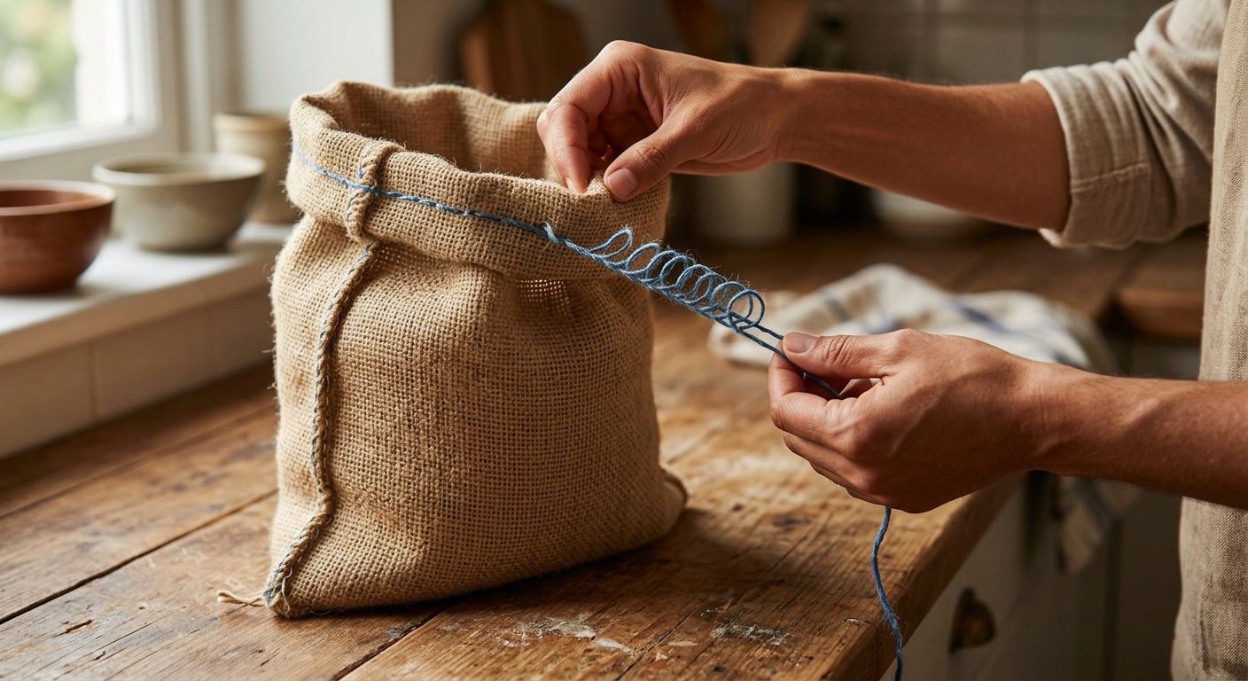 쌀포대 실이 잘 안 풀릴 때 시작점과 당기는 방향을 다시 확인하는 장면