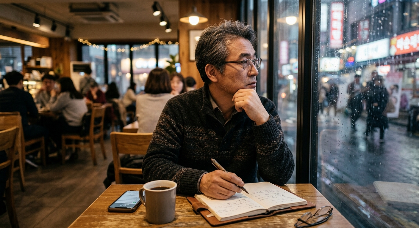 조용한 공간에서 자신의 삶을 돌아보며 메모하는 중년의 모습