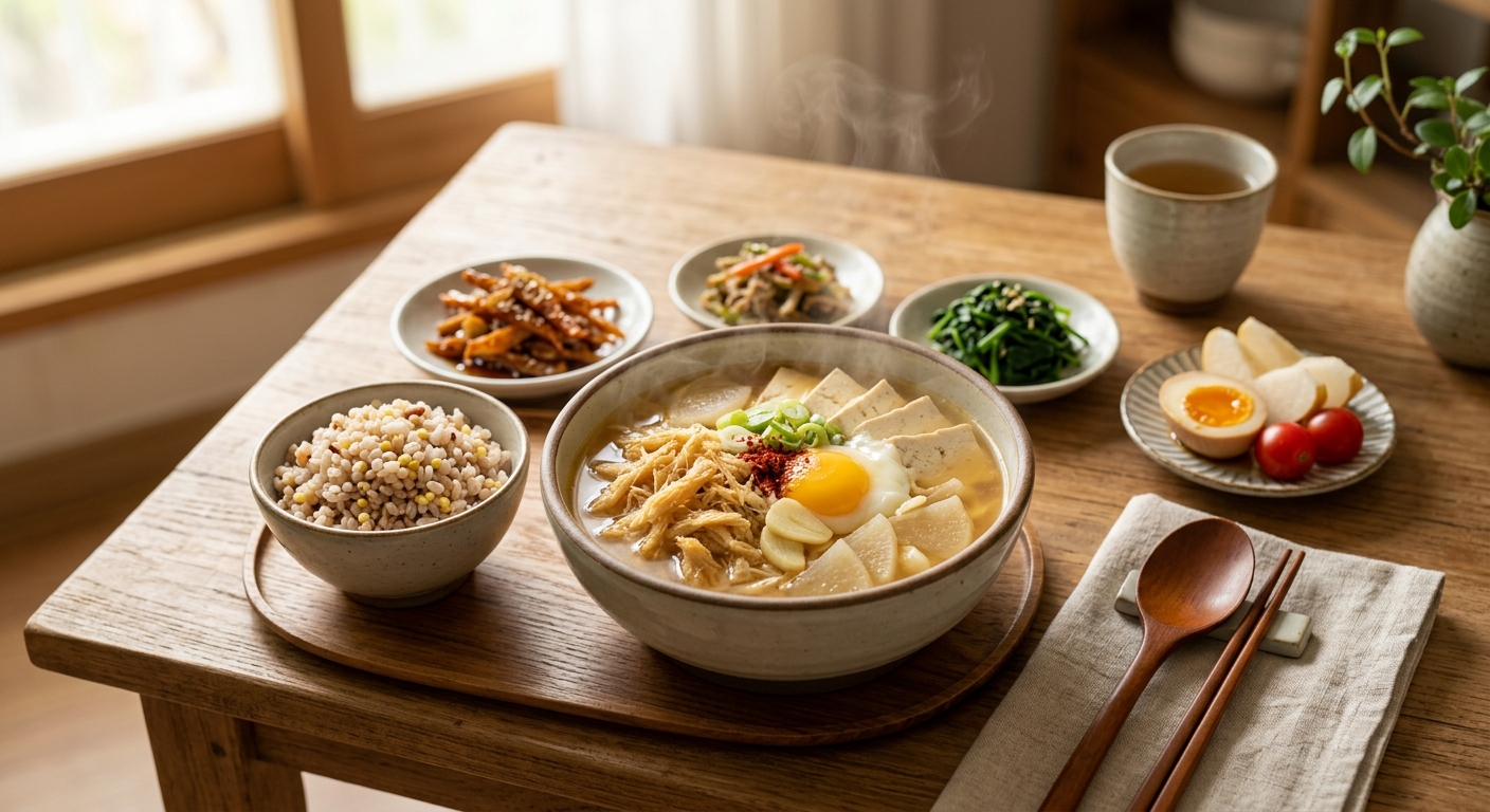 황태국과 밥, 반찬이 함께 차려진 집밥 스타일의 건강한 아침