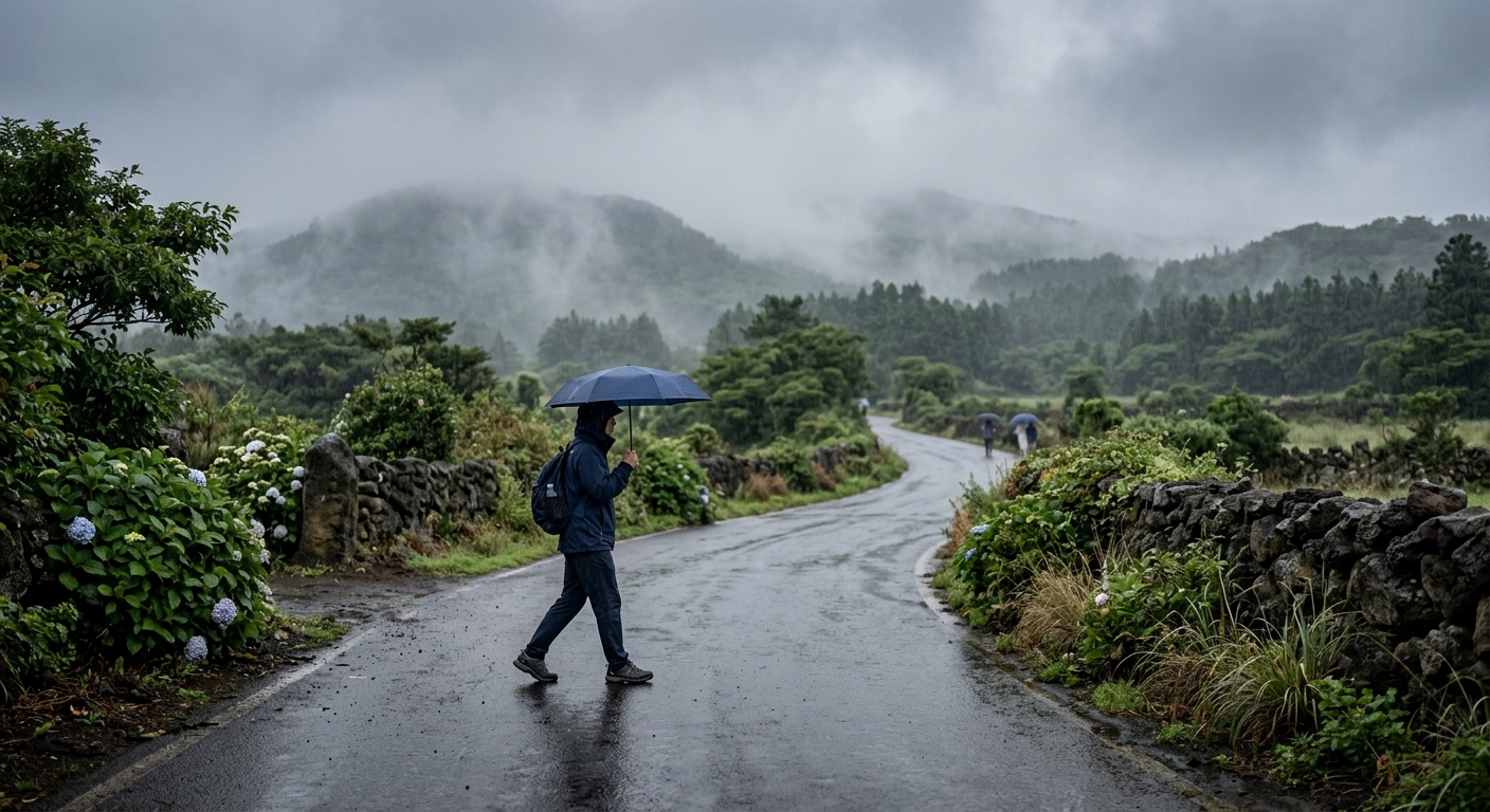 흐린 제주 하늘 아래 가벼운 비를 대비하는 외출 모습