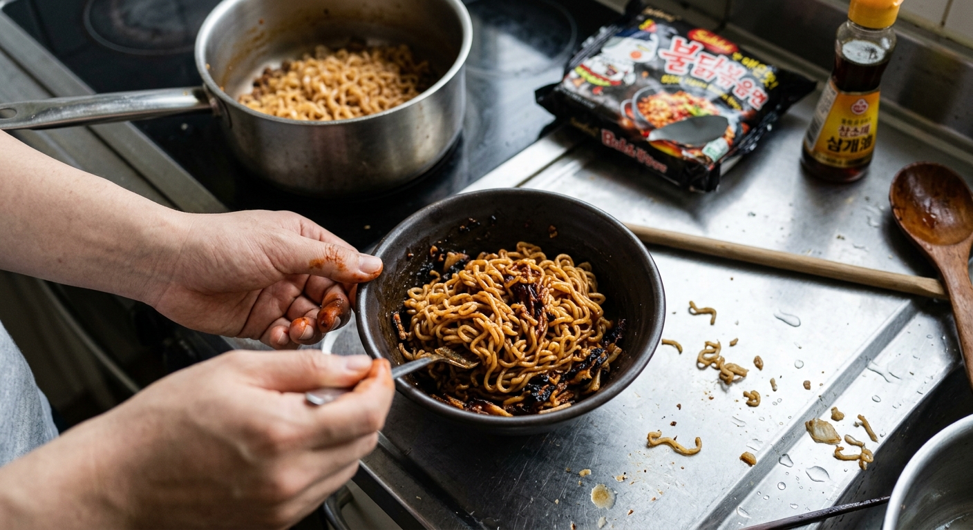 질척이지 않고 타지 않게 볶음 비빔라면을 조리하는 과정의 핵심 포인트