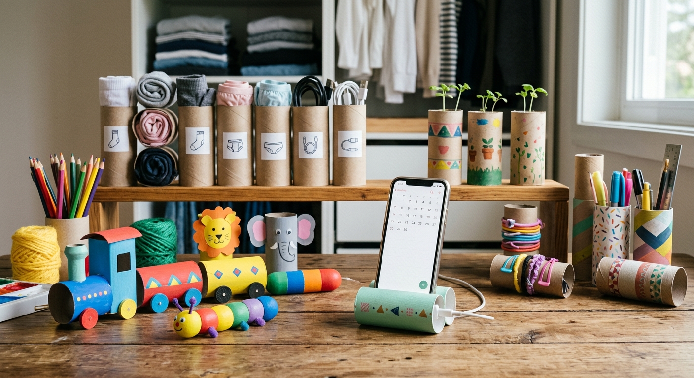 휴지심을 활용한 스마트폰 거치대와 아이 만들기 소품이 놓인 모습