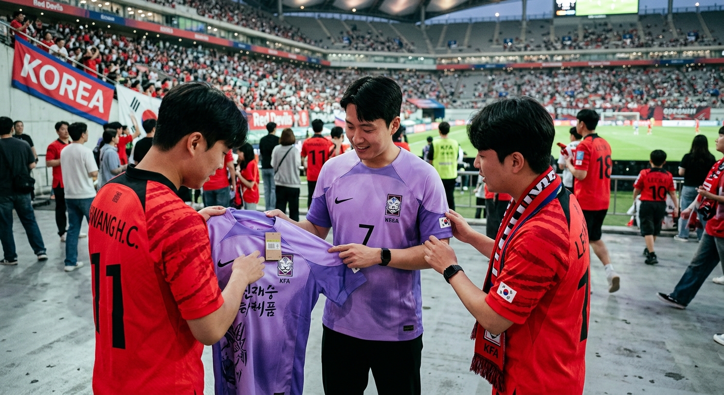 한국 축구 대표팀 새 유니폼을 매장에서 살펴보는 팬과 제품 디테일 이미지