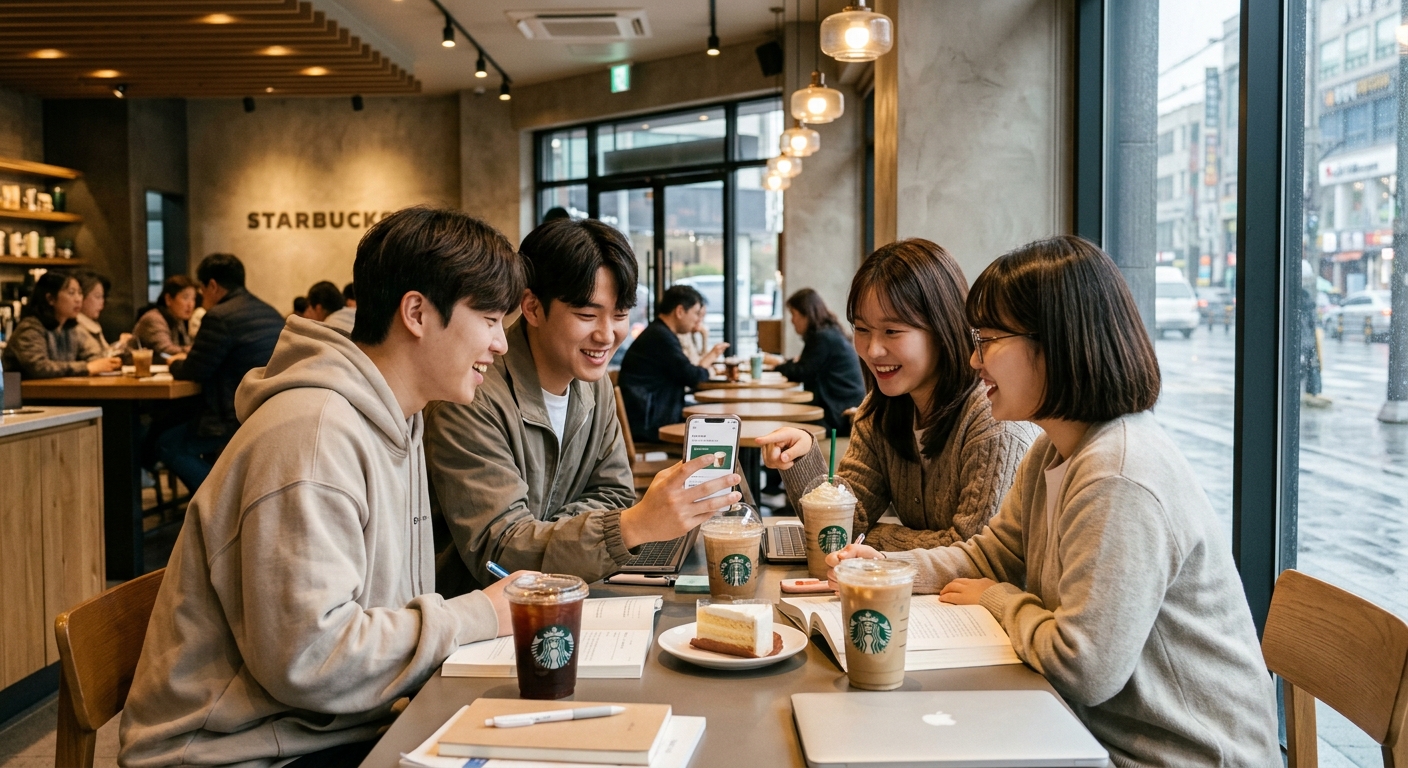 공부와 대화를 동시에 즐기는 젊은 고객들로 활기찬 카페 내부 모습