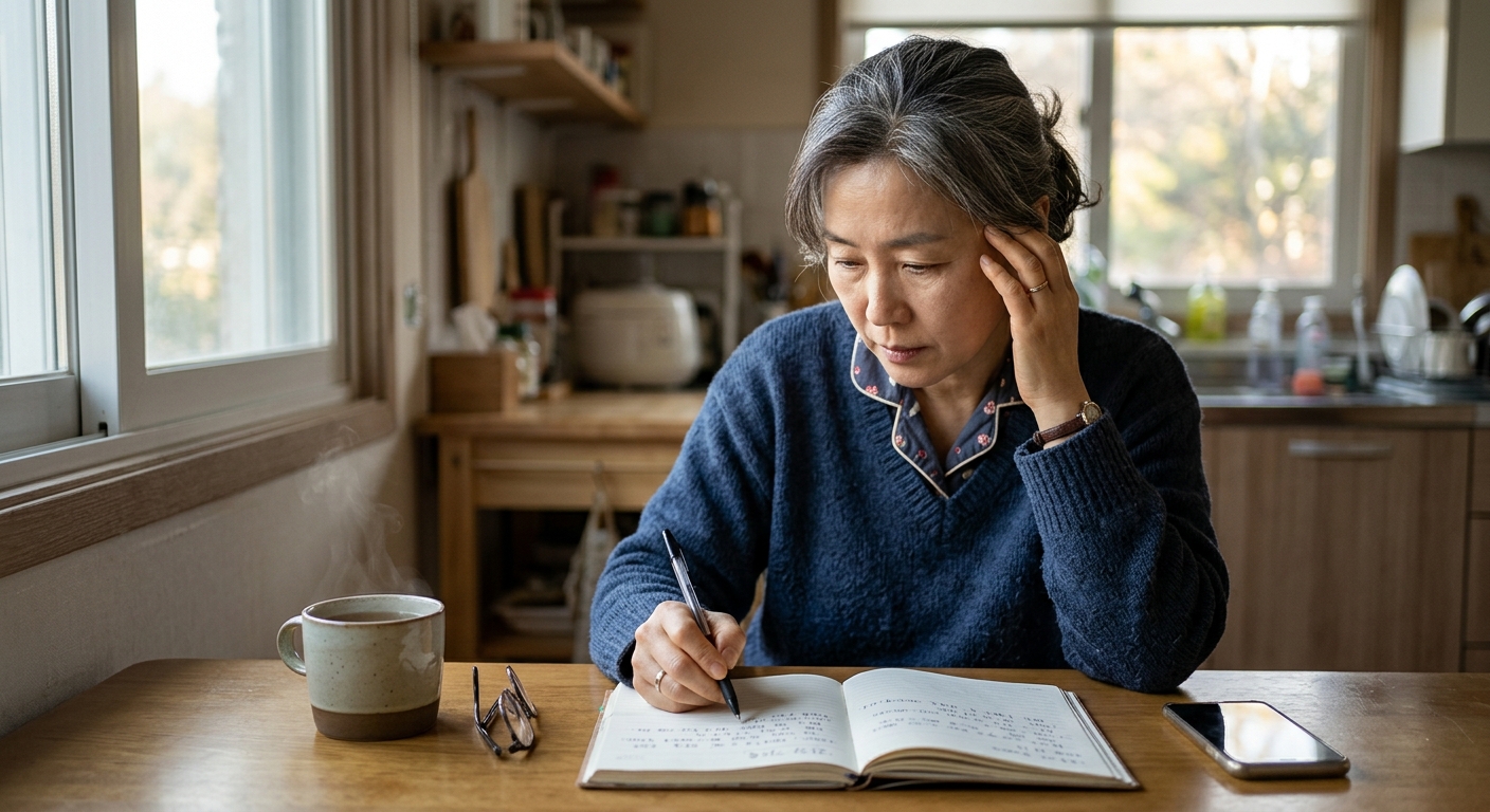 노트에 두통과 어지럼증 증상을 기록하는 손의 모습