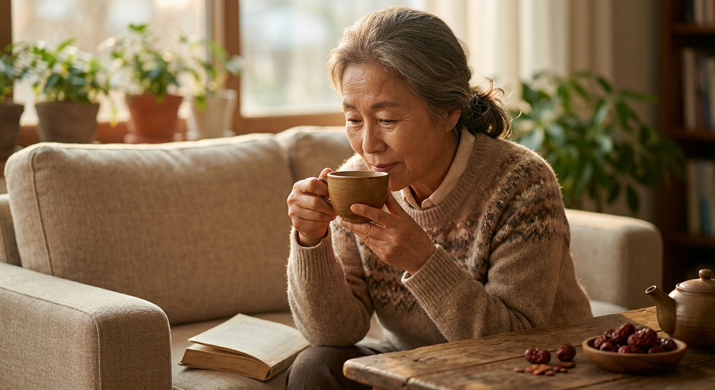 밤 시간에 편안한 표정으로 따뜻한 차를 마시는 사람