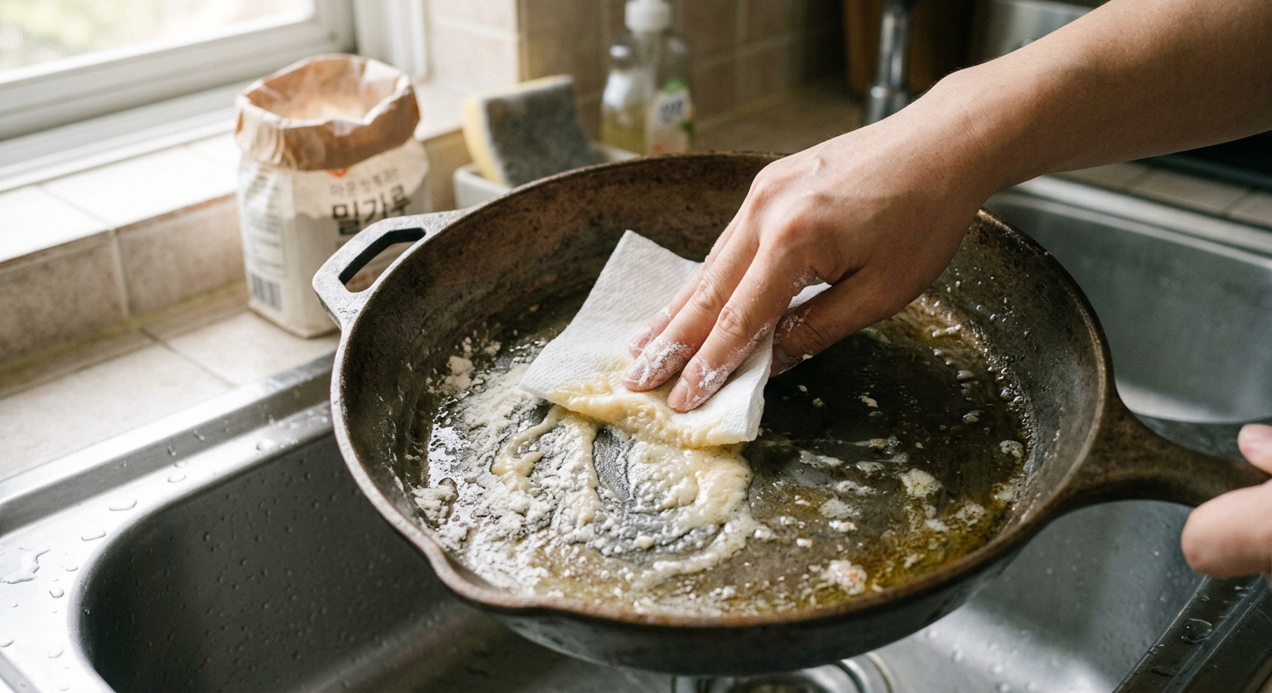 기름진 팬에 밀가루를 적당량만 뿌리고 휴지로 모아 버리는 방법
