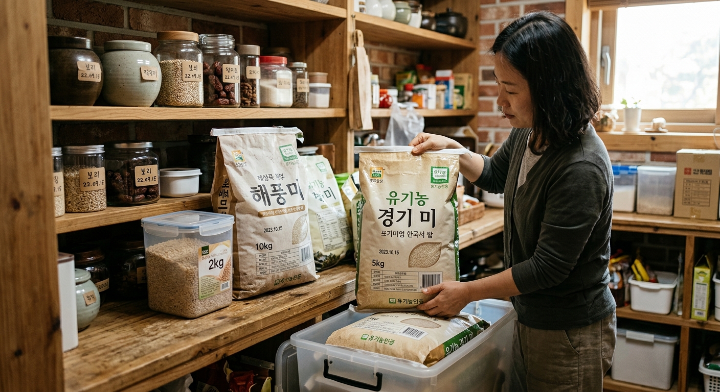 쌀 포장 투명창 너머로 윤기와 균일성을 살펴보는 클로즈업