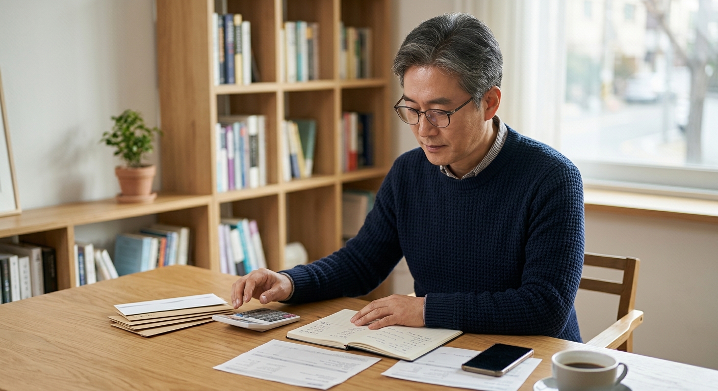 노후 준비 체크리스트를 작성하며 지출과 자산을 정리하는 중년의 모습