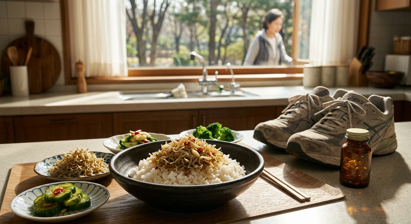 햇볕 아래 산책하는 사람과 건강한 식단이 함께 연상되는 이미지