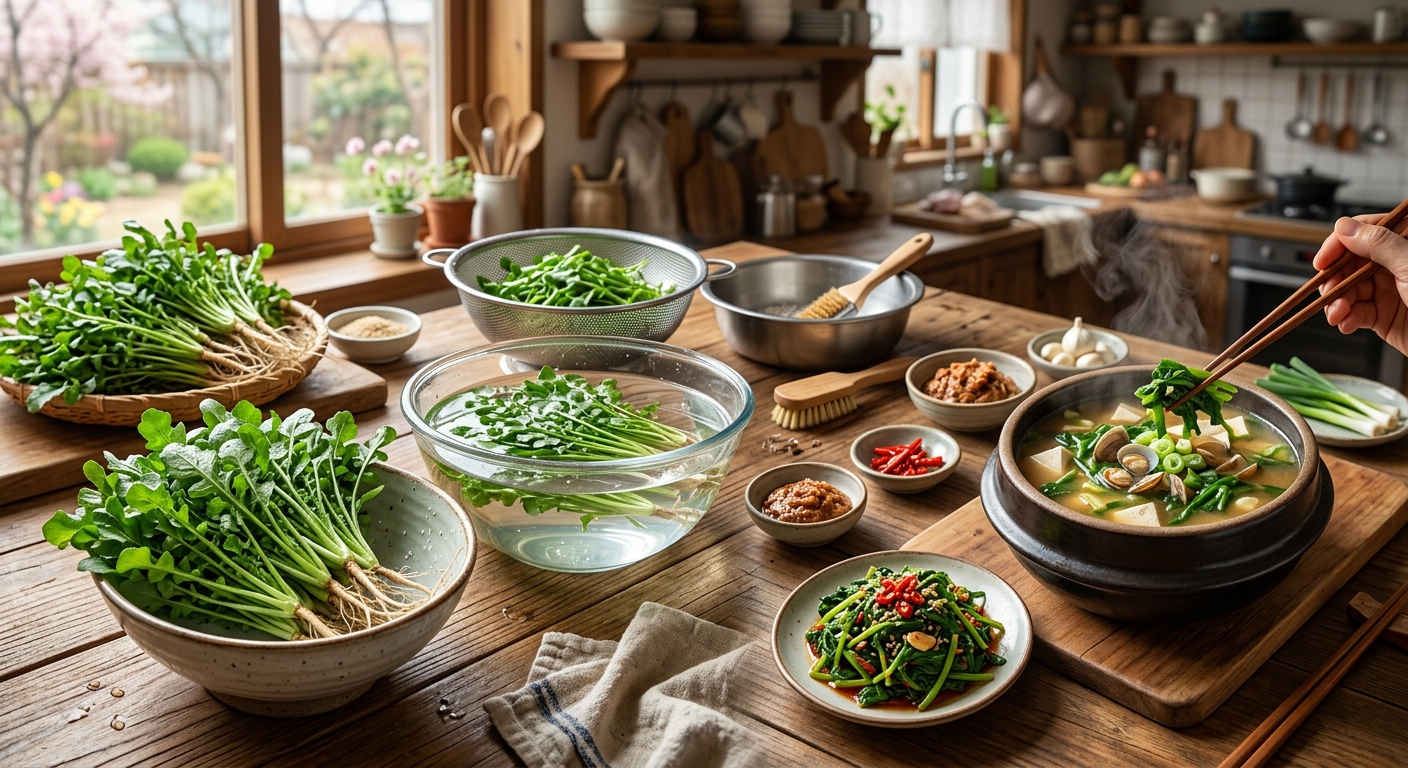깨끗이 씻은 냉이로 만든 냉이무침과 냉이된장국