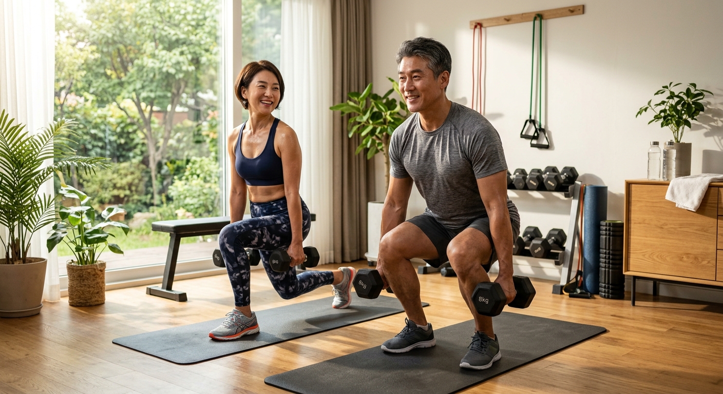 스트레칭과 물 섭취를 하며 운동 효과를 높이는 중년 여성의 건강한 일상