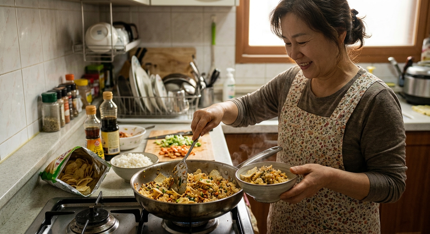 남은 감자칩과 밥으로 간단한 한 끼를 완성한 집밥 장면