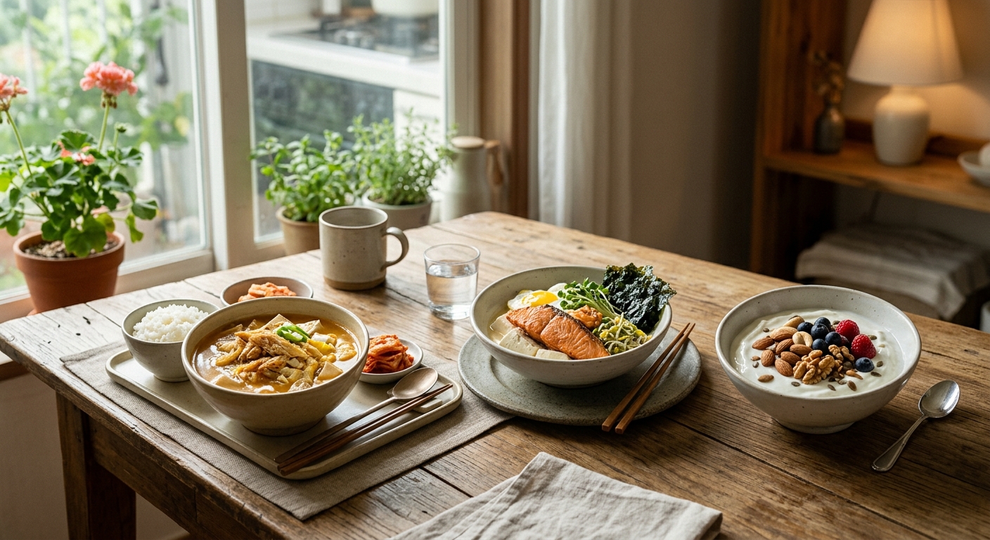 황태국, 오트밀 볼, 그릭요거트 볼이 함께 놓인 아침 식탁