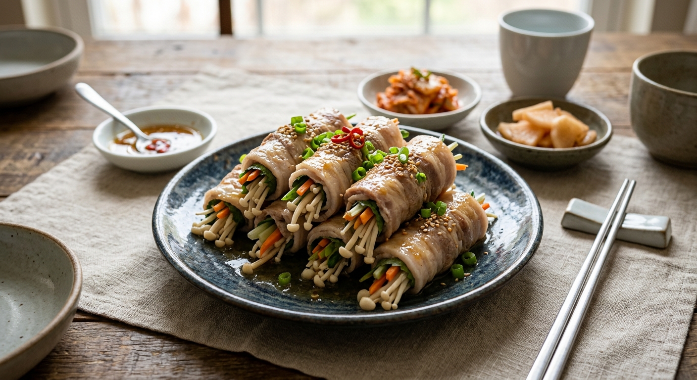 김이 오른 찜기에 삼겹살말이를 넣고 익히는 장면