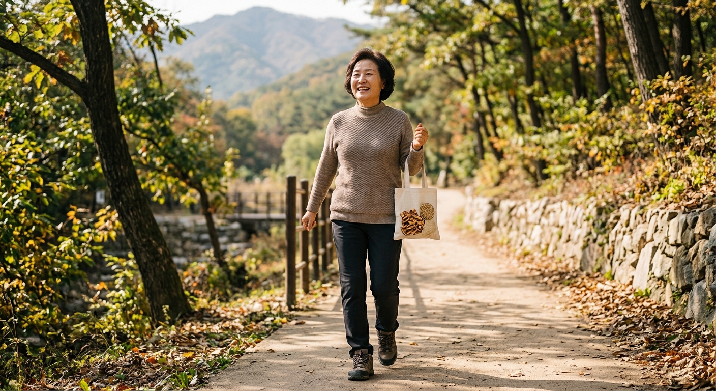 무말랭이 반찬이 놓인 식탁과 가벼운 운동을 준비하는 중장년의 일상 장면