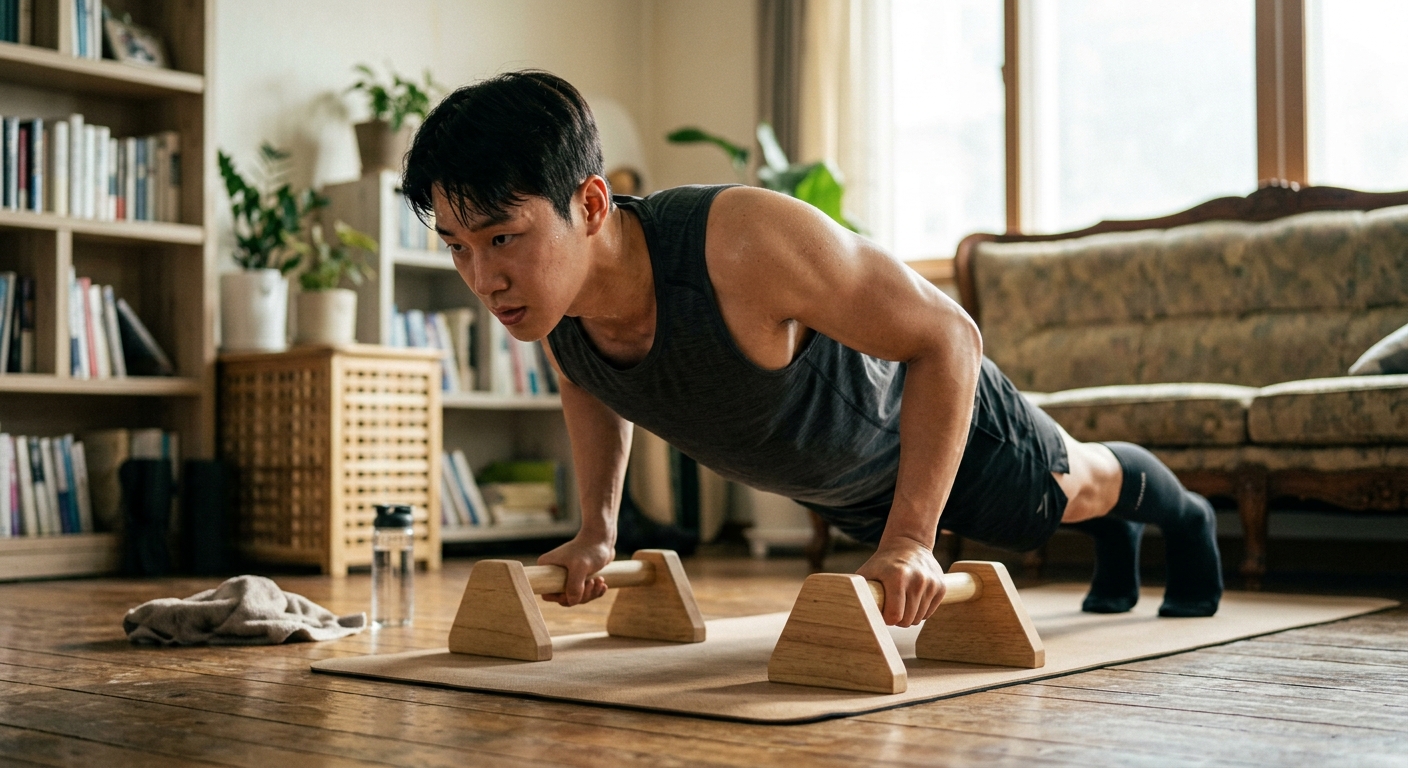 운동 후 스트레칭하며 회복 시간을 갖는 홈트 장면