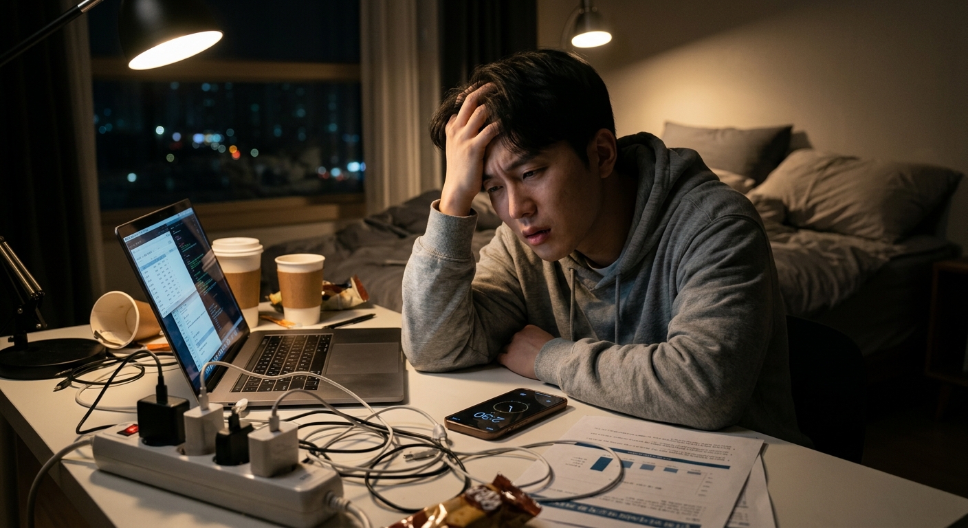 밤늦게까지 화면을 보며 피곤해하는 사람의 모습