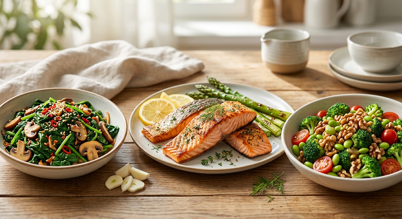 한국 가정식 식탁 위에 소박한 반찬들이 놓인 모습