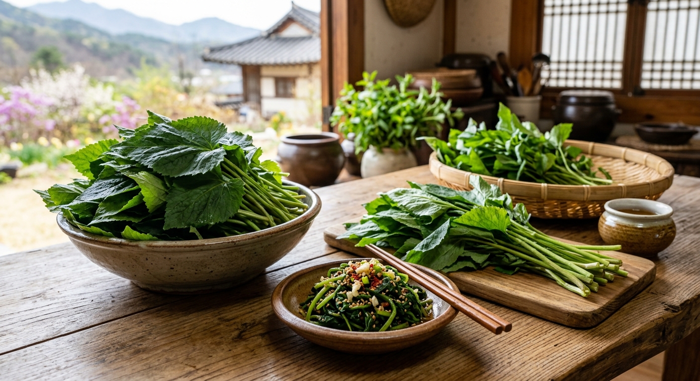 봄철에 갓 손질한 신선한 취나물이 접시에 담긴 모습