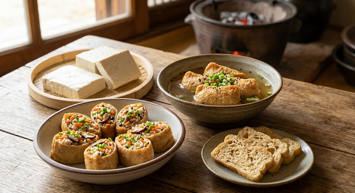 얇은 유부와 일반 두부가 나란히 놓여 있는 비교 이미지