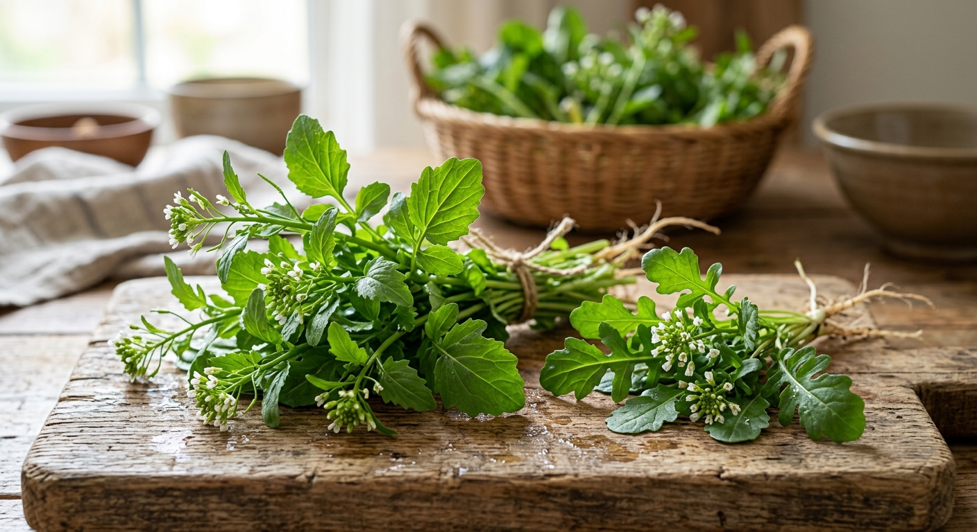 봄철 들판에 자라는 황새냉이의 부드러운 잎과 가는 줄기 모습