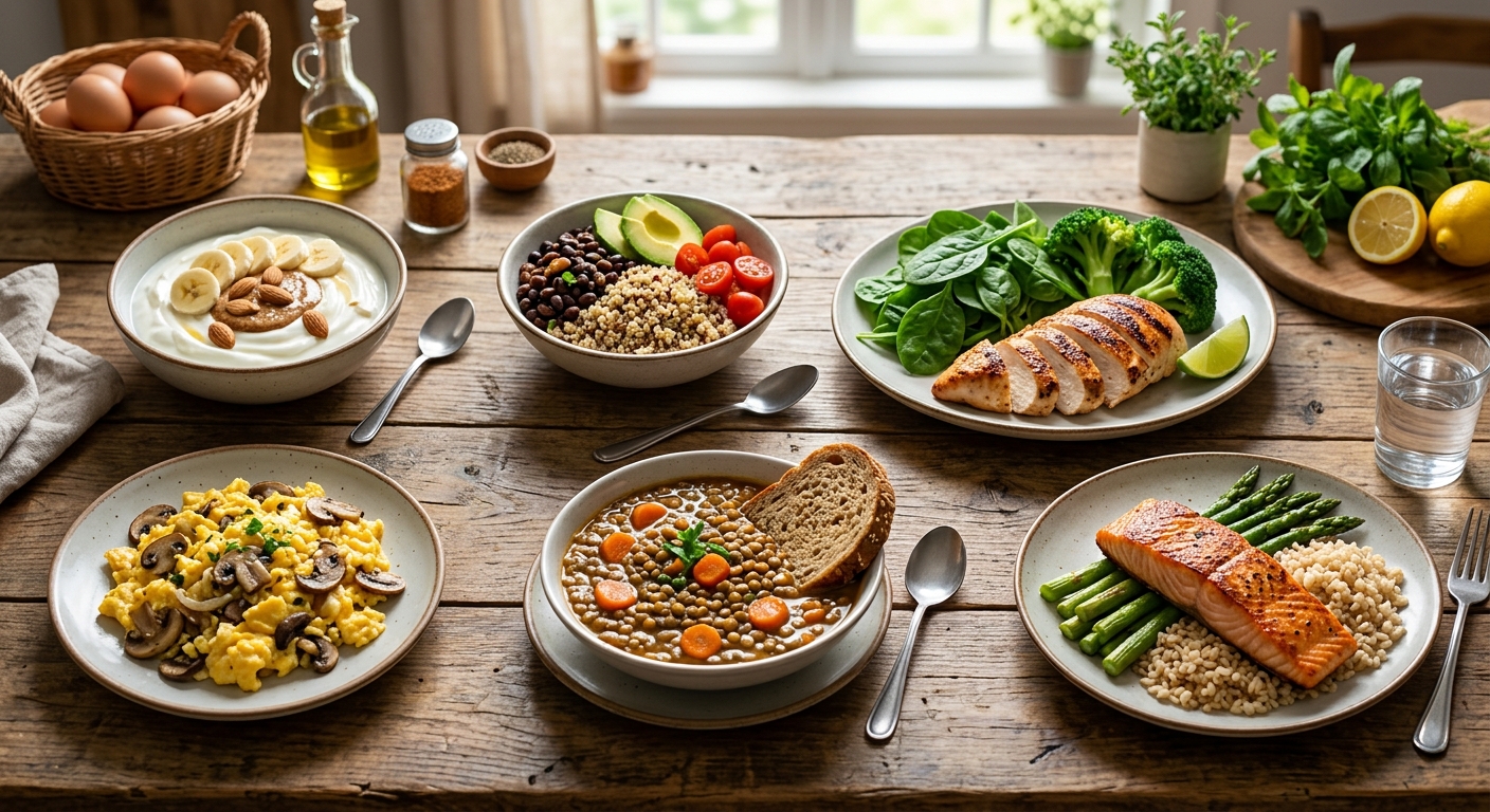 단백질 식품과 채소를 함께 준비한 균형 잡힌 식단 이미지