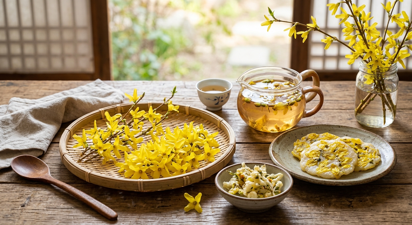 봄철 가지에 피어난 노란 개나리꽃 클로즈업