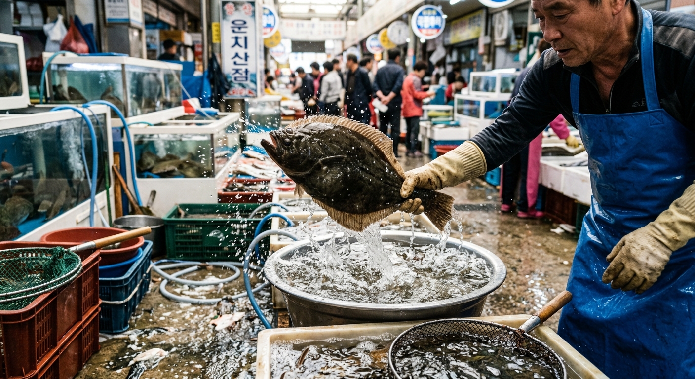 횟집 수조 안에서 빠르게 움직이는 생선과 차분하게 헤엄치는 생선을 비교하는 모습