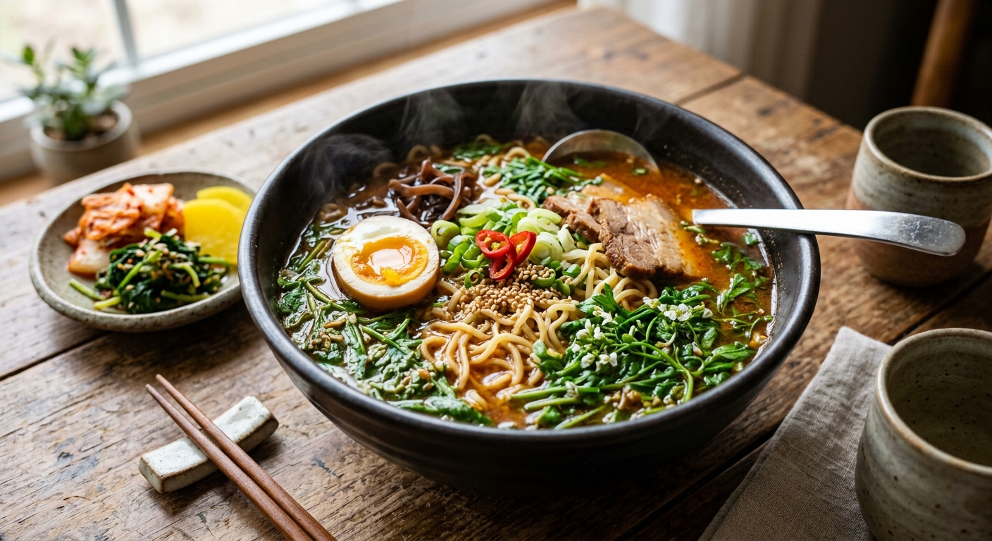 봄나물 냉이가 듬뿍 올라간 따뜻한 라면